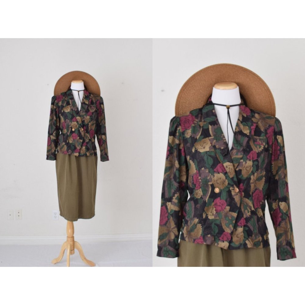 Vintage Dark Floral Sheer Polyester Blouse | 80s jacket - Picture 1 of 10
